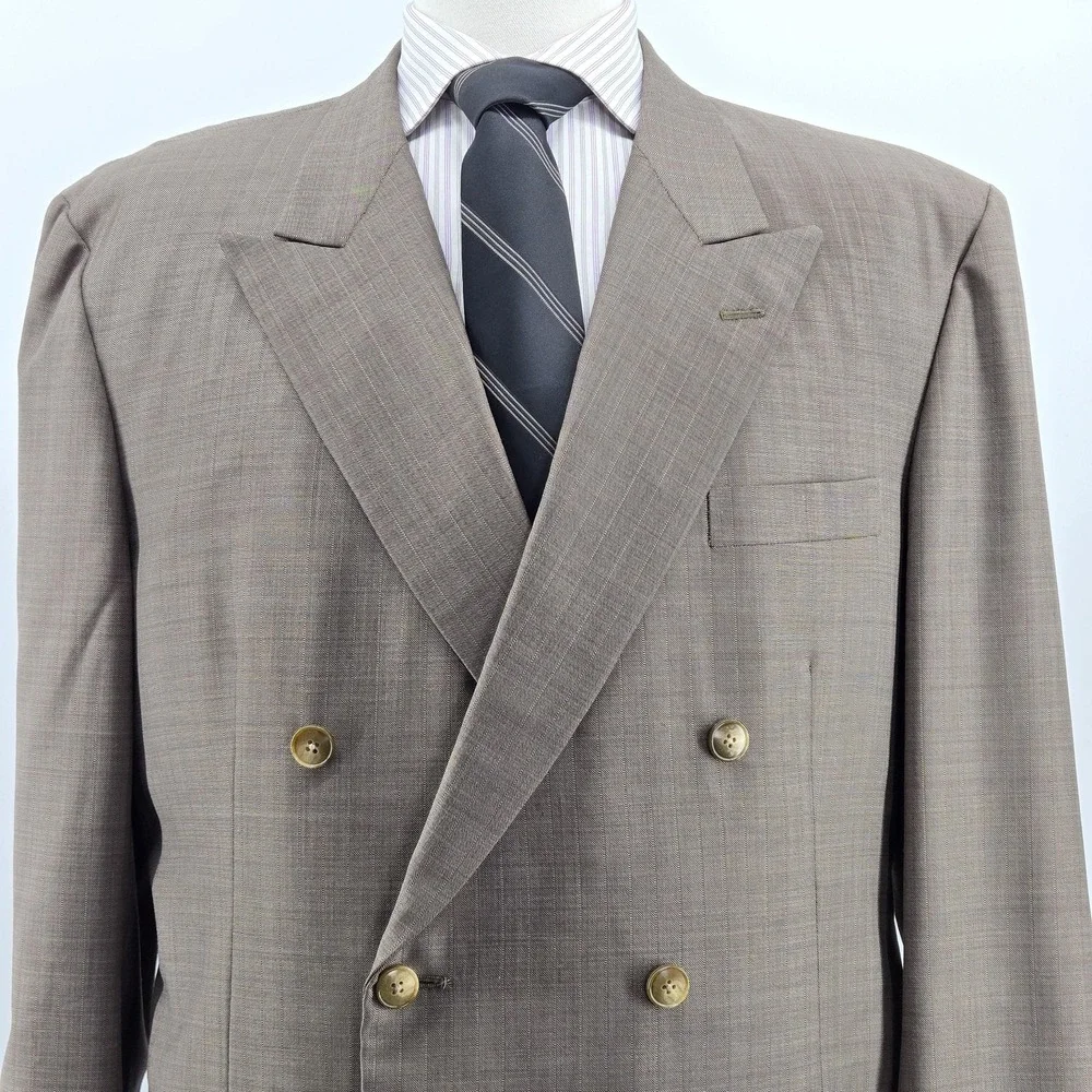 Vintage Lai Chow Tailors Suit Jacket Mens 44R Beige Check Double-Breasted 80s